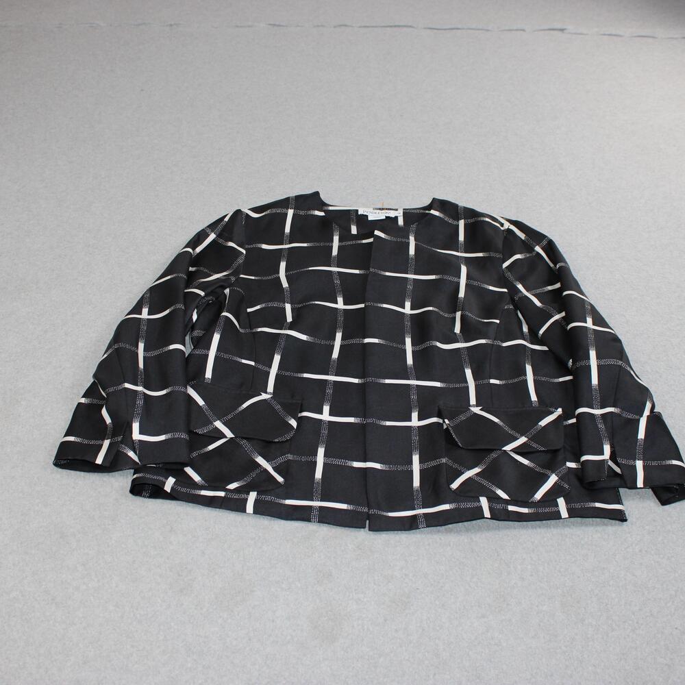 Pendleton Silk Blazer Women Black Check Jacket Collarless Open Front 3/4 Sleeve